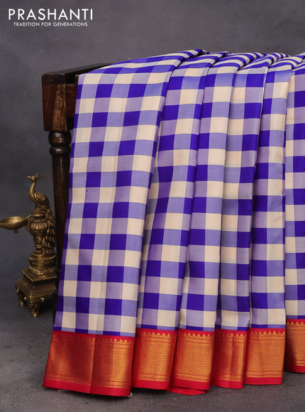 Pure kanchipuram silk saree cream blue and red with allover paalum pazhamum checks and zari woven korvai border