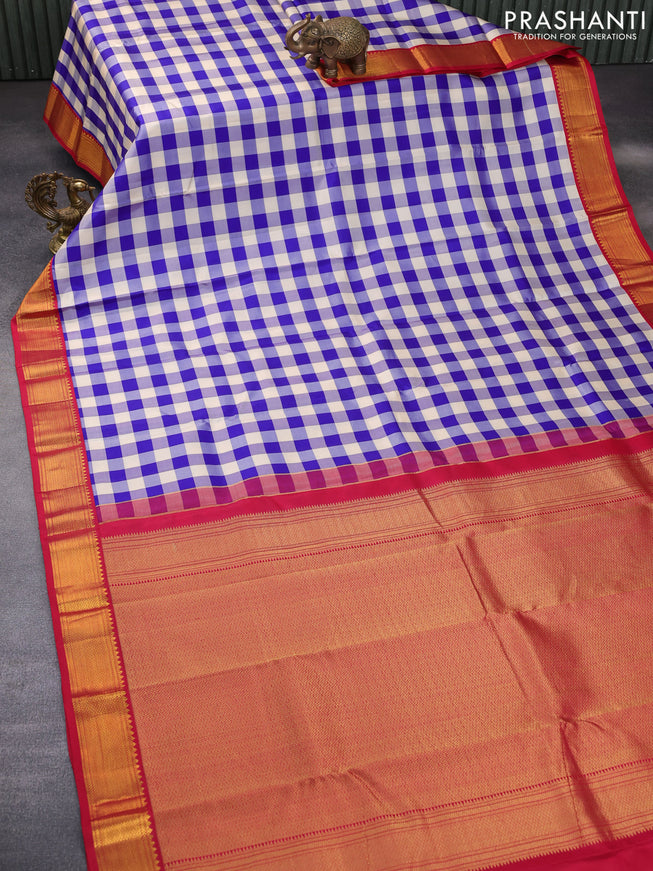 Pure kanchipuram silk saree cream blue and red with allover paalum pazhamum checks and zari woven korvai border