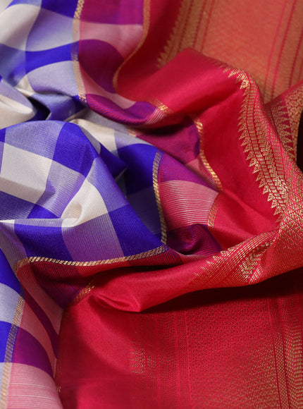 Pure kanchipuram silk saree cream blue and red with allover paalum pazhamum checks and zari woven korvai border