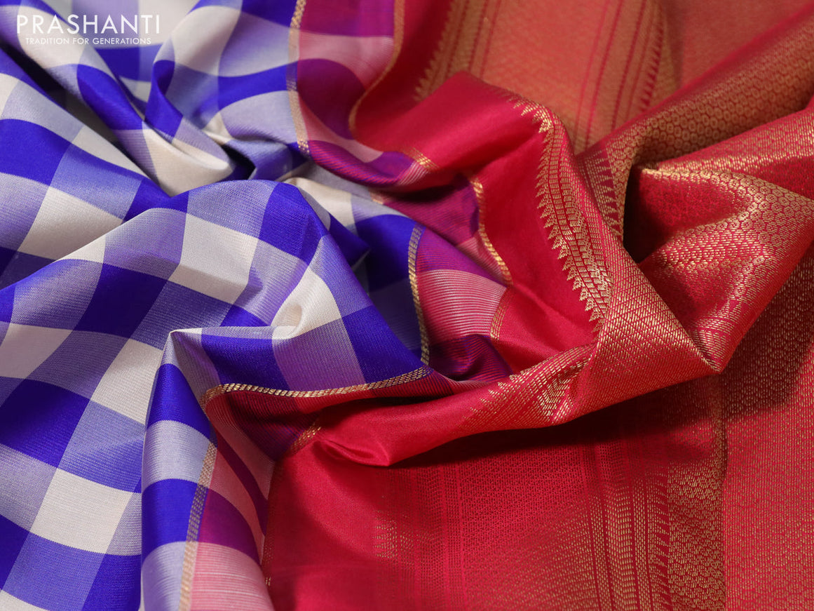 Pure kanchipuram silk saree cream blue and red with allover paalum pazhamum checks and zari woven korvai border