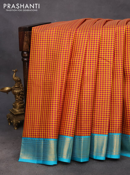 Pure kanchipuram silk saree multi colour and light blue with allover paalum pazhamum checks and zari woven korvai border