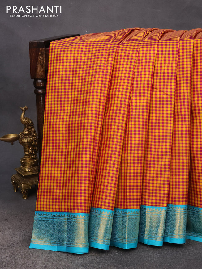 Pure kanchipuram silk saree multi colour and light blue with allover paalum pazhamum checks and zari woven korvai border