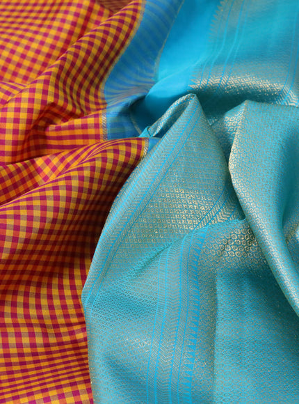 Pure kanchipuram silk saree multi colour and light blue with allover paalum pazhamum checks and zari woven korvai border