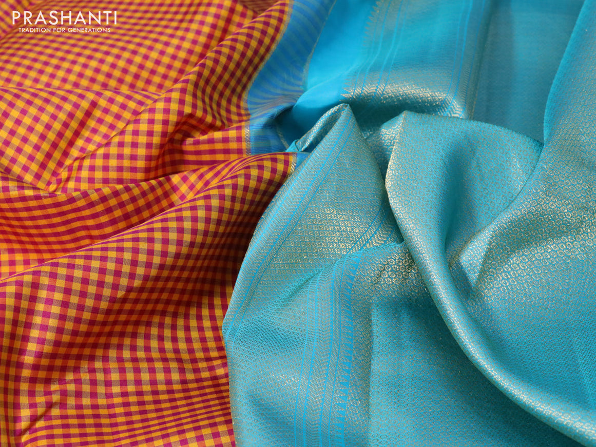 Pure kanchipuram silk saree multi colour and light blue with allover paalum pazhamum checks and zari woven korvai border