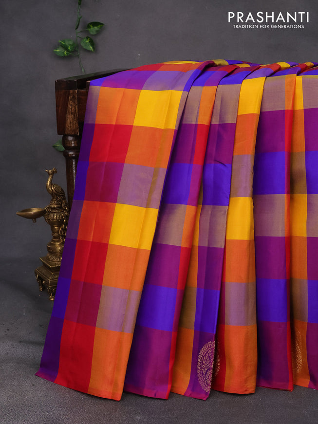 Pure kanchipuram silk saree multi colour and red with allover paalum pazhamum checks and zari woven butta border