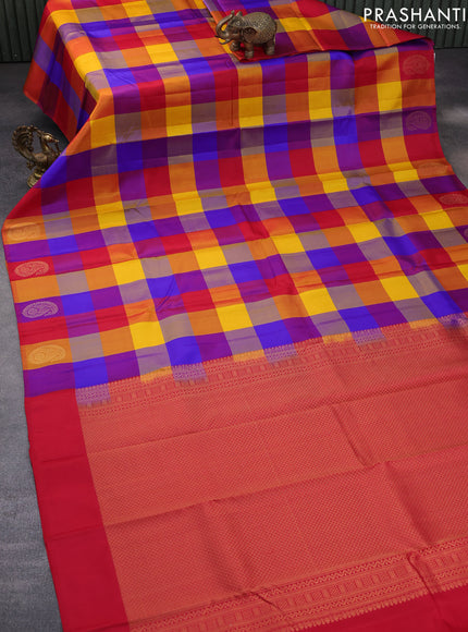 Pure kanchipuram silk saree multi colour and red with allover paalum pazhamum checks and zari woven butta border