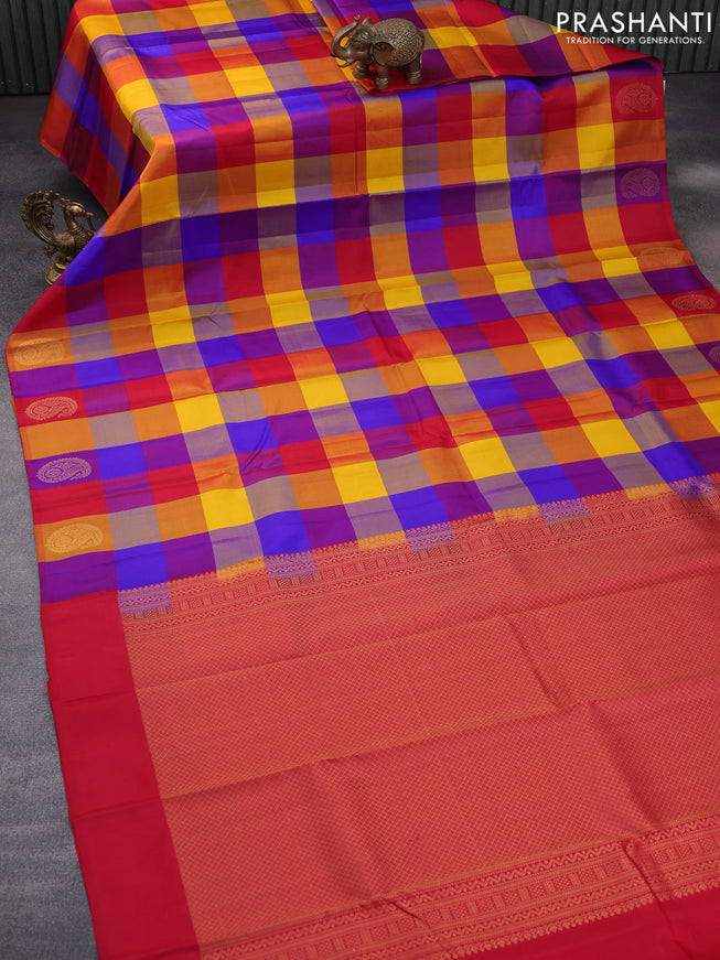 Pure kanchipuram silk saree multi colour and red with allover paalum pazhamum checks and zari woven butta border