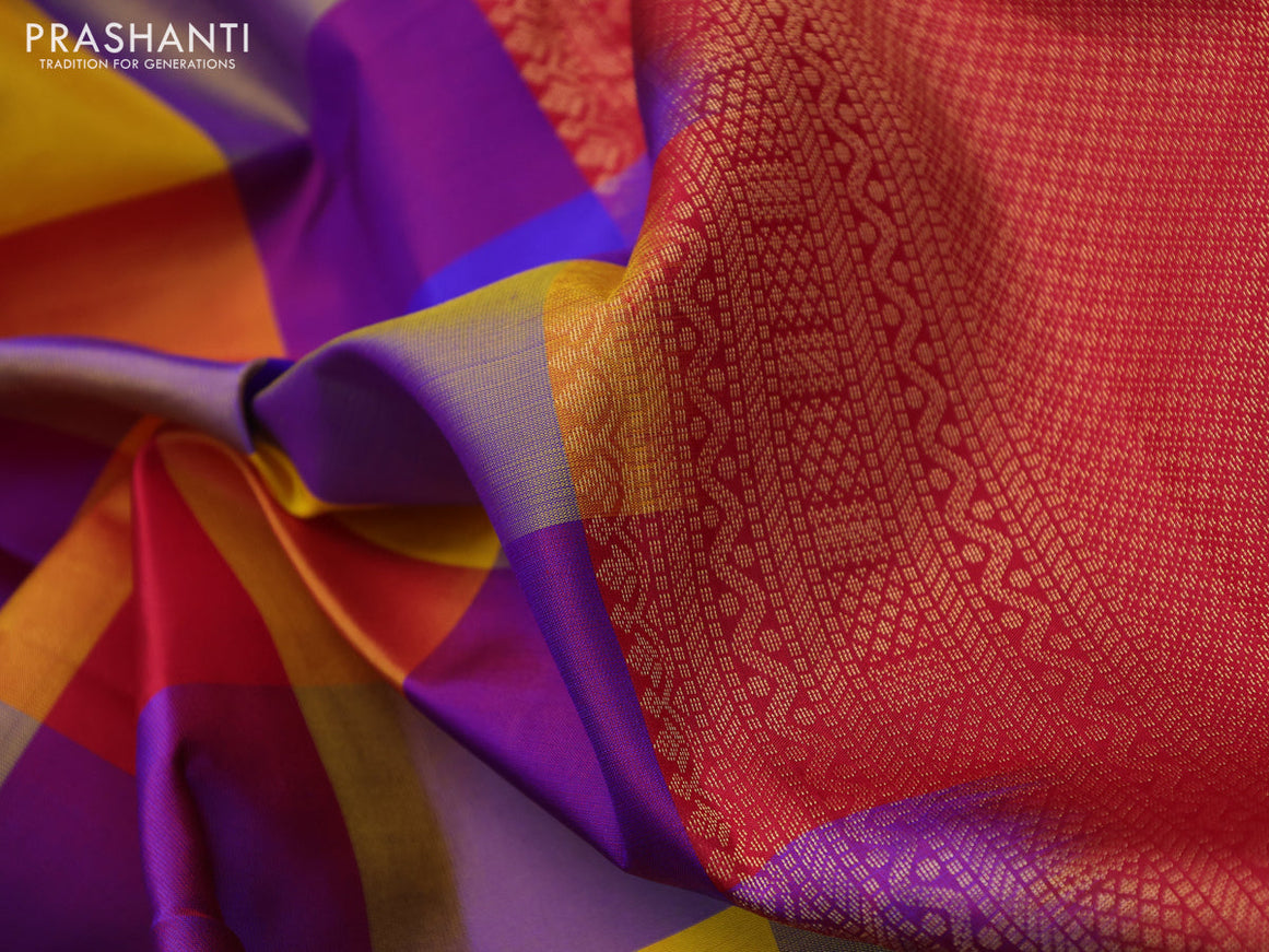 Pure kanchipuram silk saree multi colour and red with allover paalum pazhamum checks and zari woven butta border