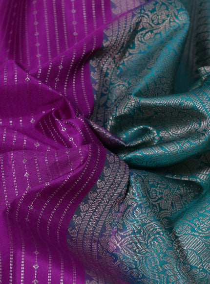 Pure kanchipuram silk saree purple and green with allover zari weaves and piping border