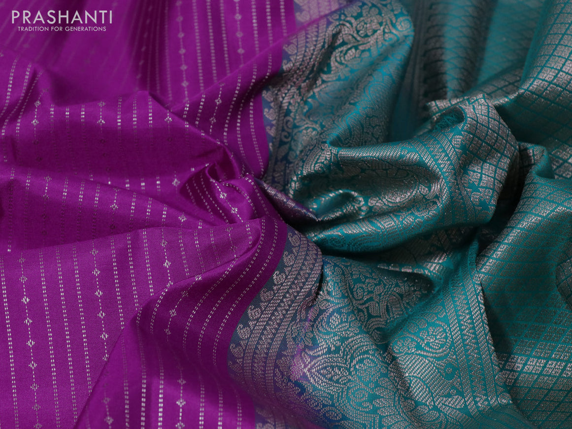 Pure kanchipuram silk saree purple and green with allover zari weaves and piping border