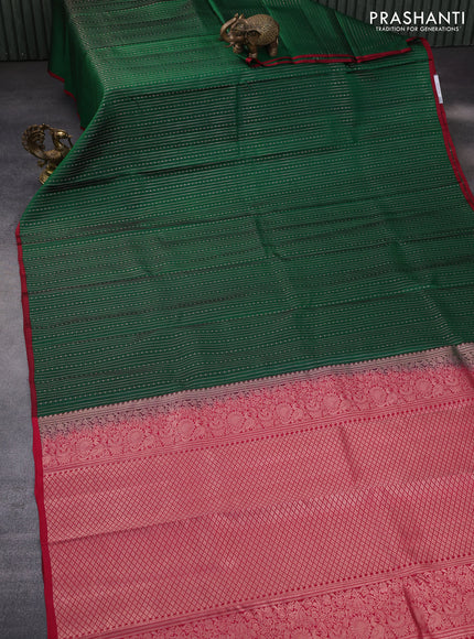 Pure kanchipuram silk saree green and red with allover zari weaves and piping border