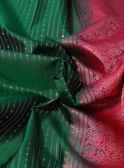 Pure kanchipuram silk saree green and red with allover zari weaves and piping border