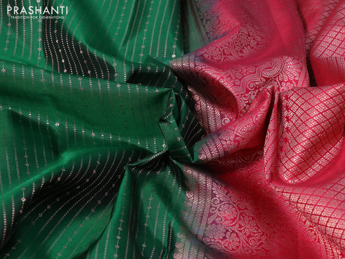 Pure kanchipuram silk saree green and red with allover zari weaves and piping border