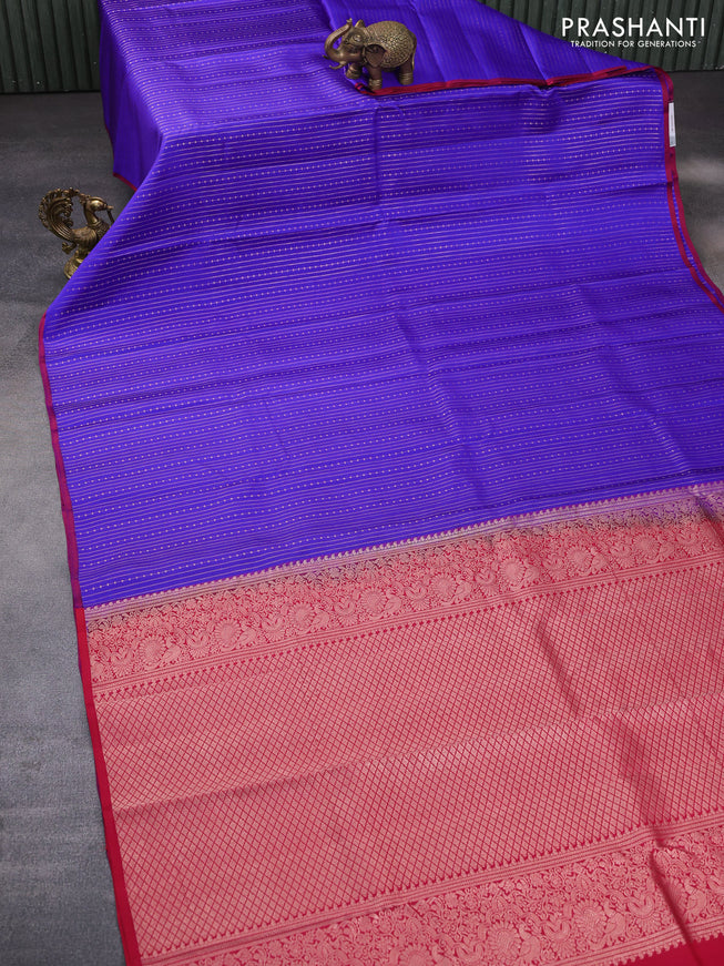 Pure kanchipuram silk saree blue and red with allover zari weaves and piping border