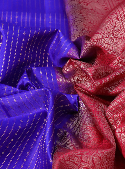 Pure kanchipuram silk saree blue and red with allover zari weaves and piping border