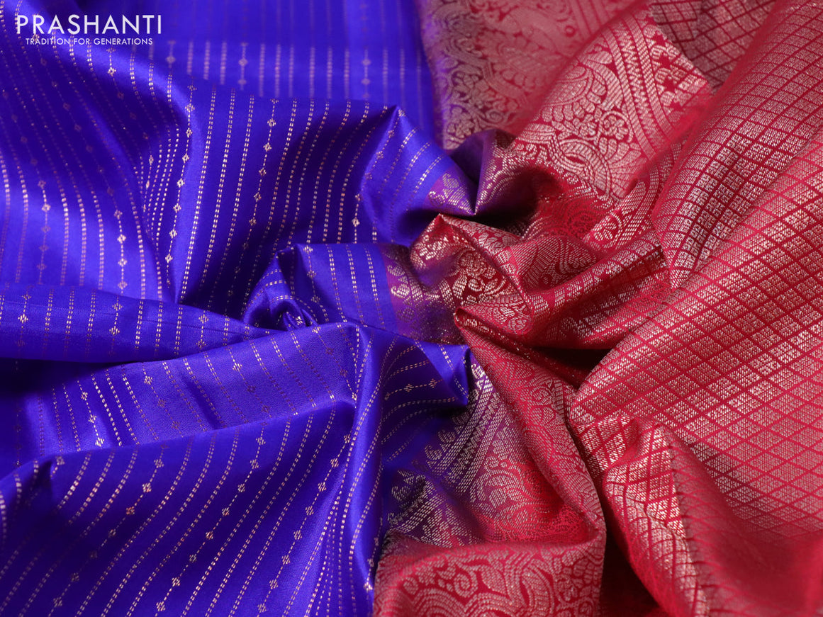 Pure kanchipuram silk saree blue and red with allover zari weaves and piping border