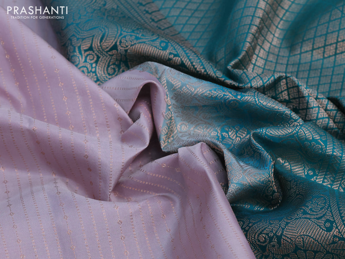 Pure kanchipuram silk saree pastel lavender shade and green with allover zari weaves and piping border