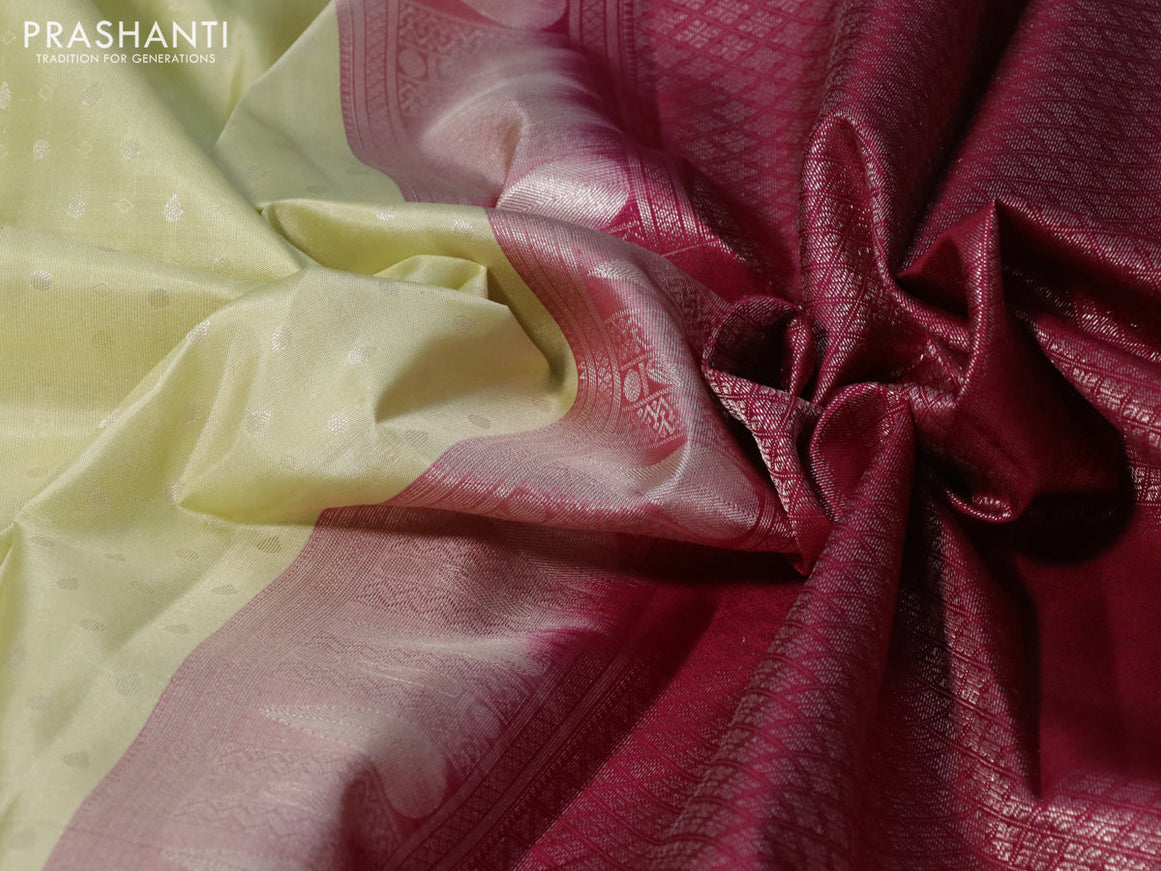 Pure kanchipuram silk saree pista green and dark magenta pink with silver zari woven buttas and silver zari woven border