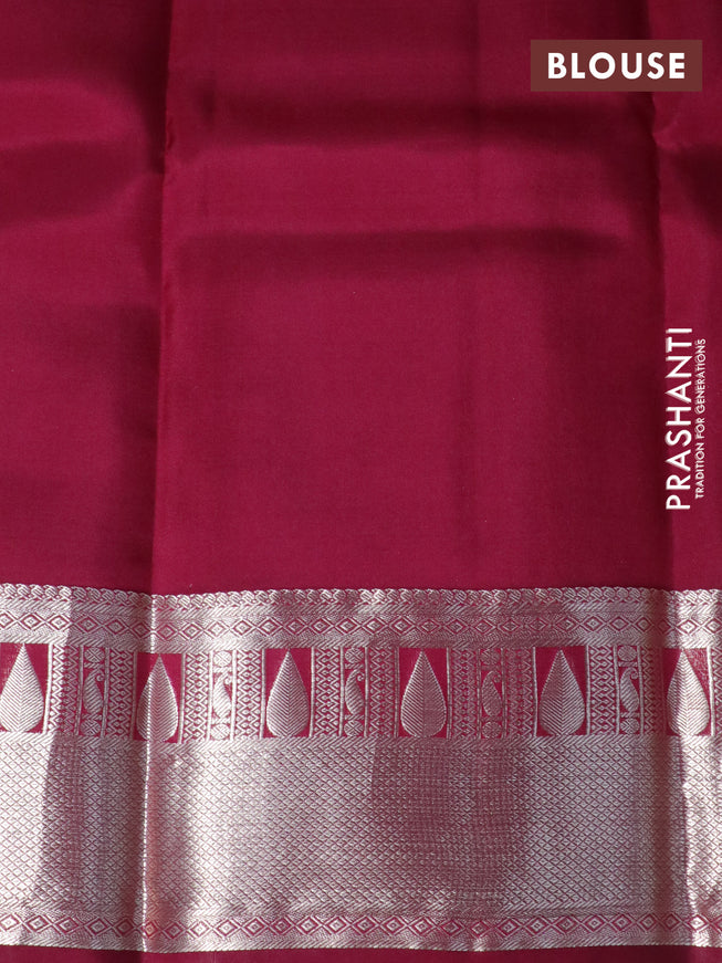 Pure kanchipuram silk saree pista green and dark magenta pink with silver zari woven buttas and silver zari woven border