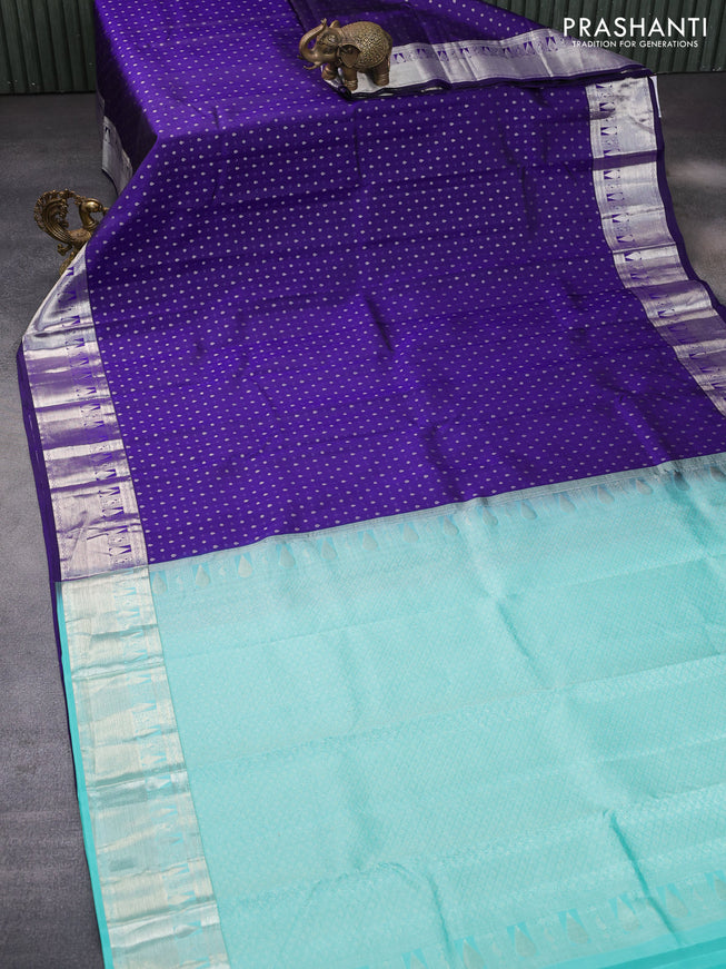 Pure kanchipuram silk saree blue and teal green with silver zari woven buttas and silver zari woven border