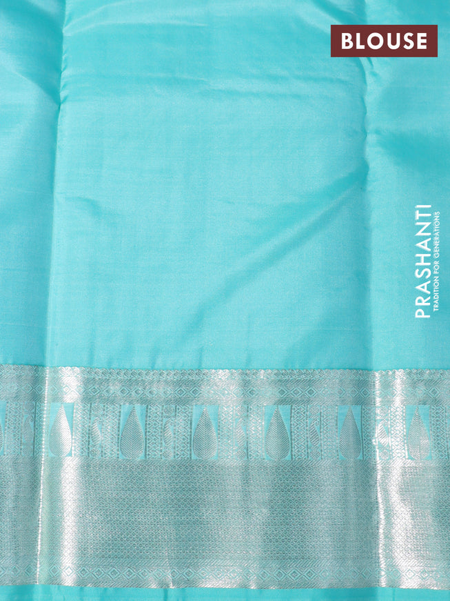 Pure kanchipuram silk saree blue and teal green with silver zari woven buttas and silver zari woven border