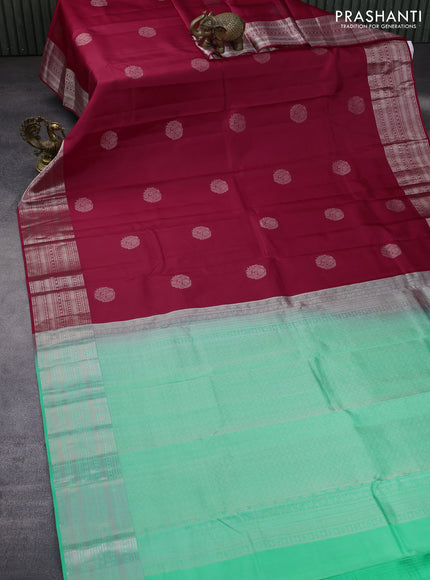 Pure kanchipuram silk saree red and teal green with silver zari woven buttas and silver zari woven border