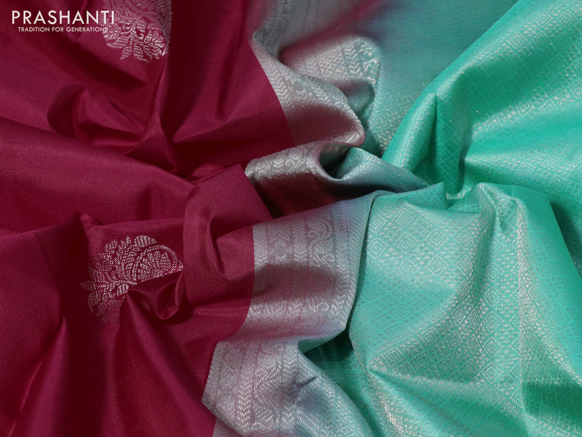 Pure kanchipuram silk saree red and teal green with silver zari woven buttas and silver zari woven border