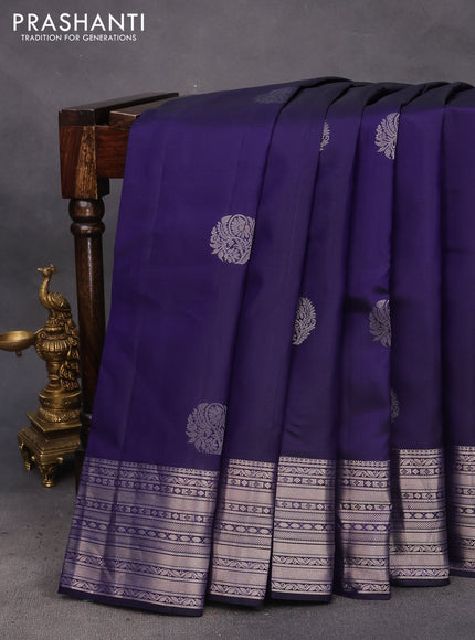 Pure kanchipuram silk saree dark blue and teal green with silver zari woven buttas and silver zari woven border