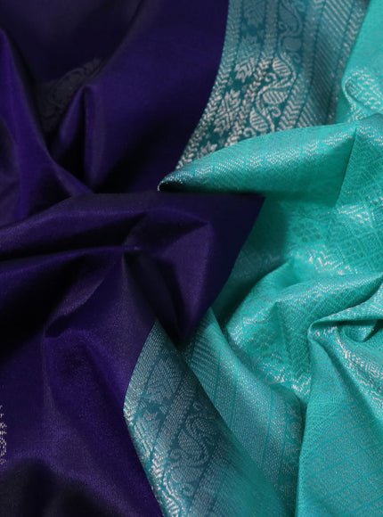 Pure kanchipuram silk saree dark blue and teal green with silver zari woven buttas and silver zari woven border