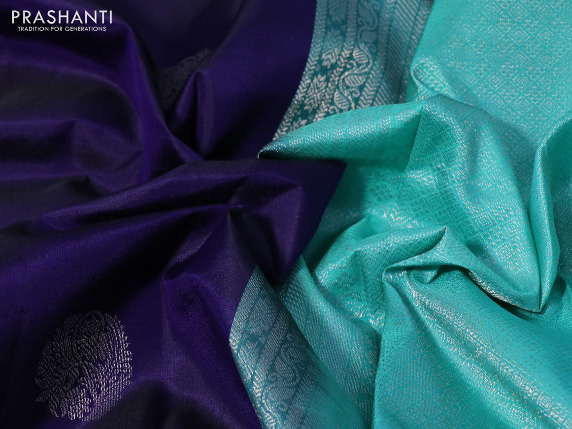 Pure kanchipuram silk saree dark blue and teal green with silver zari woven buttas and silver zari woven border