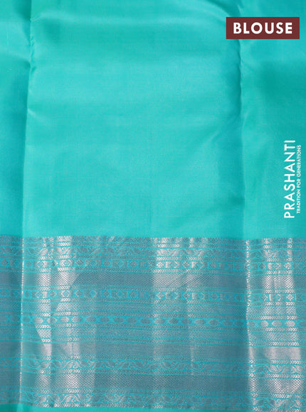 Pure kanchipuram silk saree dark blue and teal green with silver zari woven buttas and silver zari woven border