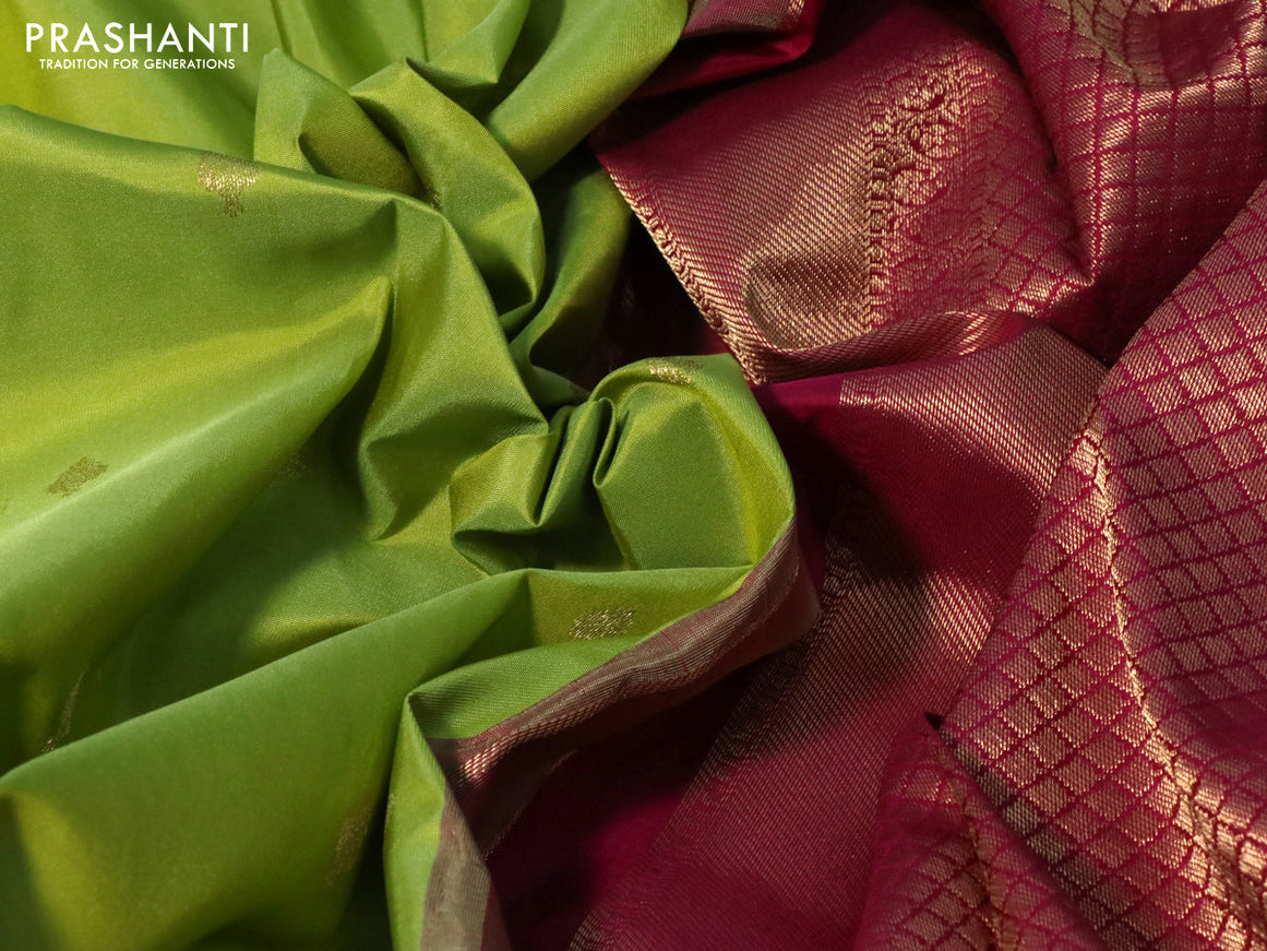 Pure kanchipuram silk saree pista green and pink with zari woven buttas and zari woven korvai border