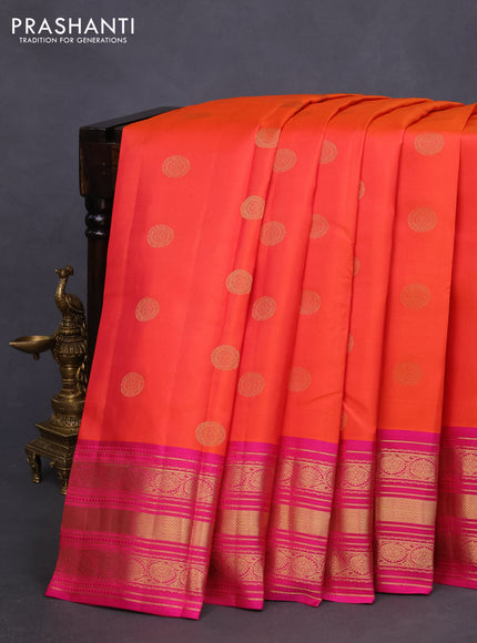 Pure kanchipuram silk saree dual shade of pinkish orange and pink with zari woven buttas and rich zari woven border