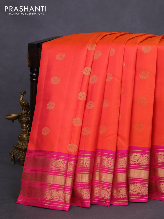 Pure kanchipuram silk saree dual shade of pinkish orange and pink with zari woven buttas and rich zari woven border