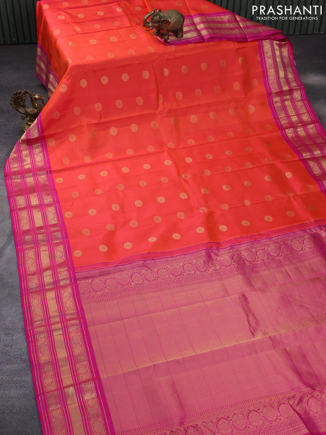 Pure kanchipuram silk saree dual shade of pinkish orange and pink with zari woven buttas and rich zari woven border