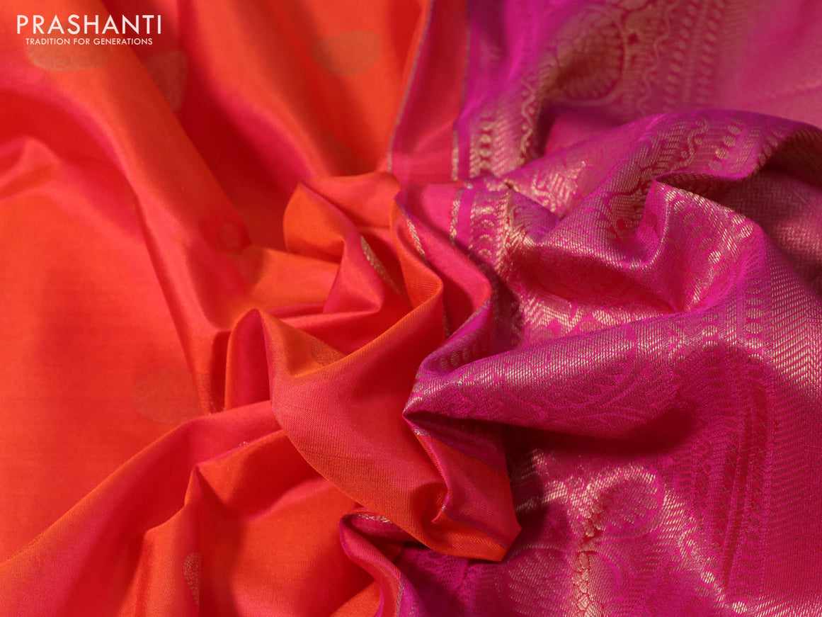 Pure kanchipuram silk saree dual shade of pinkish orange and pink with zari woven buttas and rich zari woven border