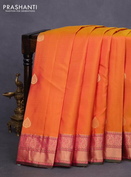 Pure kanchipuram silk saree dual shade of mustard yellow and pink with zari woven buttas and zari woven border