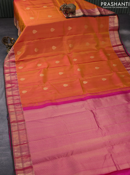 Pure kanchipuram silk saree dual shade of mustard yellow and pink with zari woven buttas and zari woven border