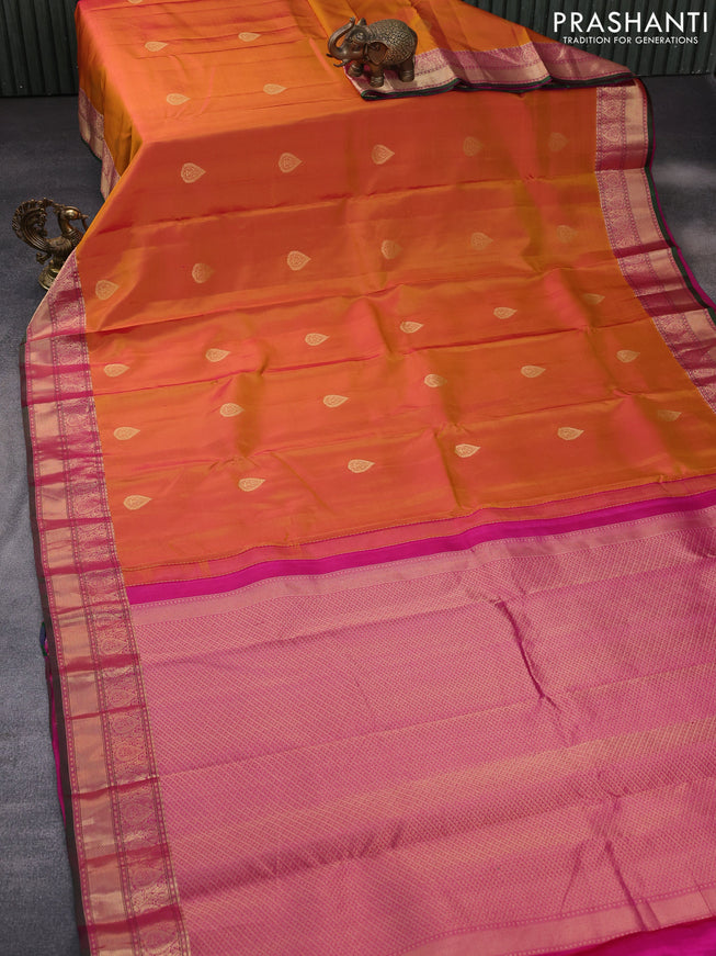 Pure kanchipuram silk saree dual shade of mustard yellow and pink with zari woven buttas and zari woven border