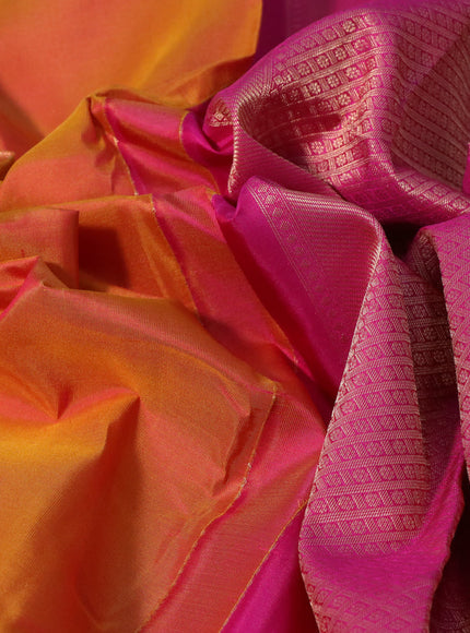 Pure kanchipuram silk saree dual shade of mustard yellow and pink with zari woven buttas and zari woven border