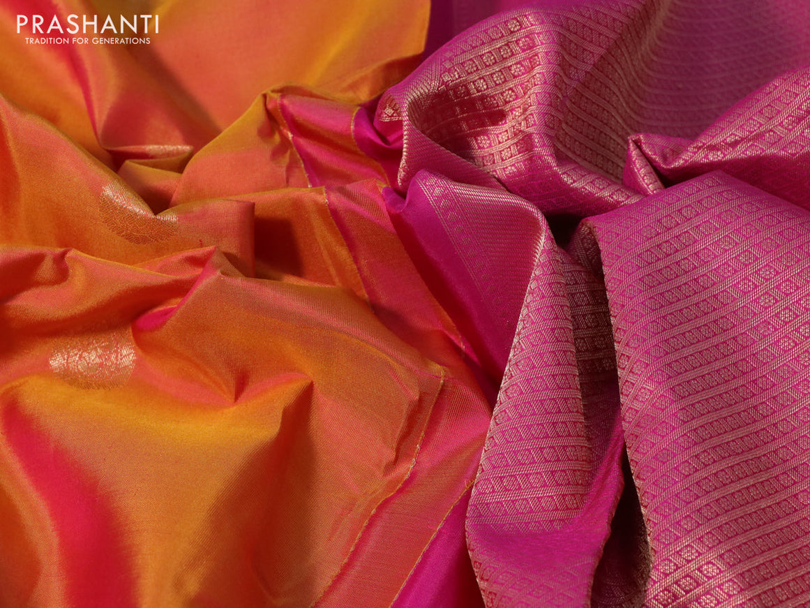 Pure kanchipuram silk saree dual shade of mustard yellow and pink with zari woven buttas and zari woven border