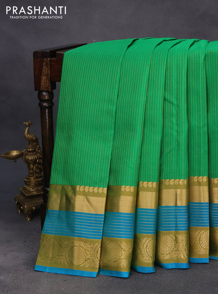 Pure kanchipuram silk saree green and blue with allover zari weaves and long rich zari woven border