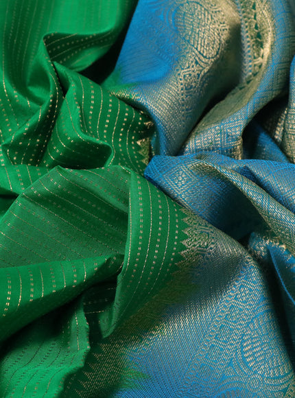 Pure kanchipuram silk saree green and blue with allover zari weaves and long rich zari woven border