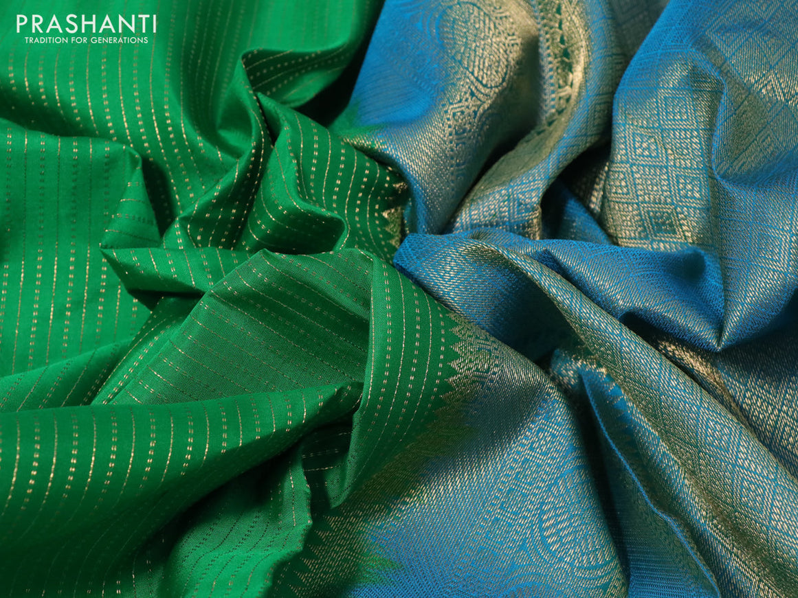 Pure kanchipuram silk saree green and blue with allover zari weaves and long rich zari woven border