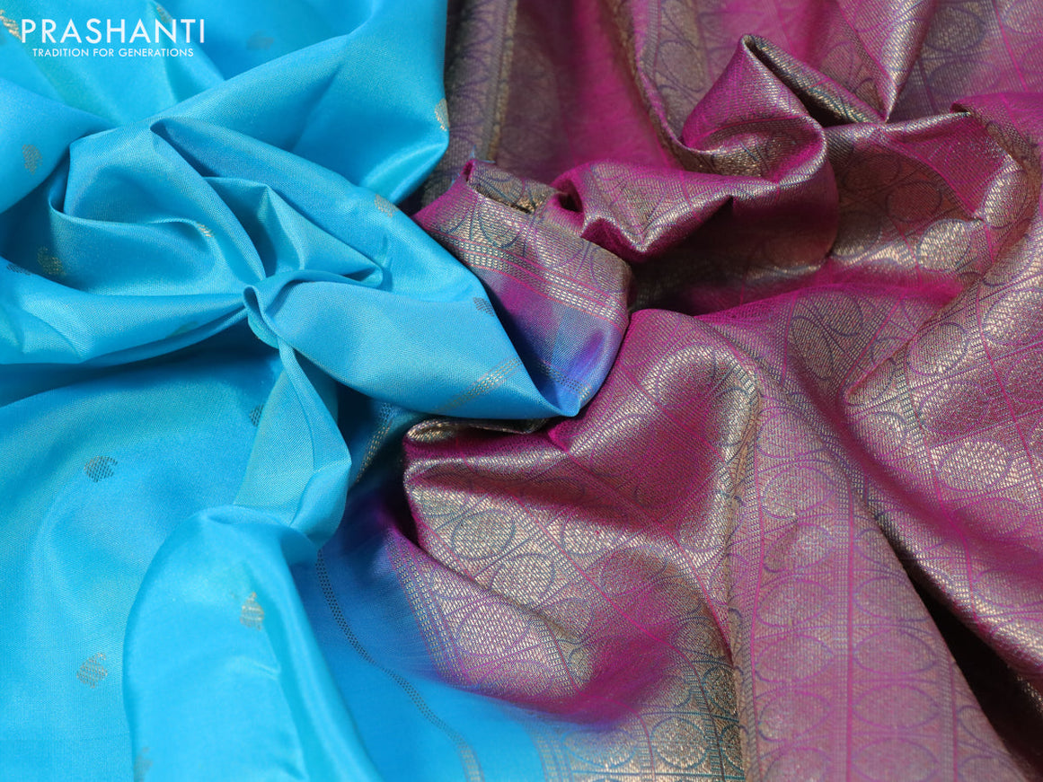 Pure kanchipuram silk saree light blue and dual shade of magenta pink with allover zari woven buttas and zari woven border