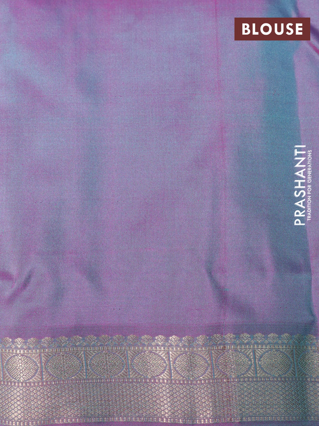 Pure kanchipuram silk saree light blue and dual shade of magenta pink with allover zari woven buttas and zari woven border