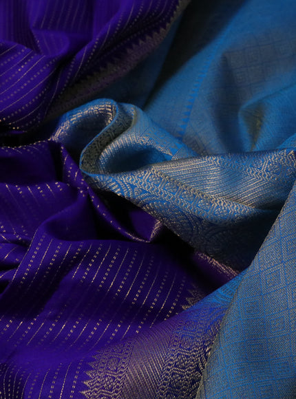 Pure kanchipuram silk saree blue and cs blue with allover zari weaves and long rich zari woven border