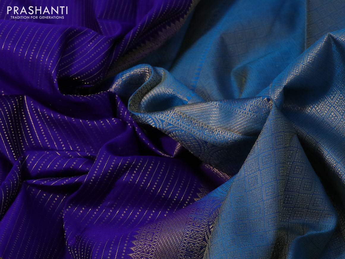 Pure kanchipuram silk saree blue and cs blue with allover zari weaves and long rich zari woven border