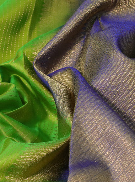 Pure kanchipuram silk saree light green and dual shade of blue with allover zari weaves and long rich zari woven border