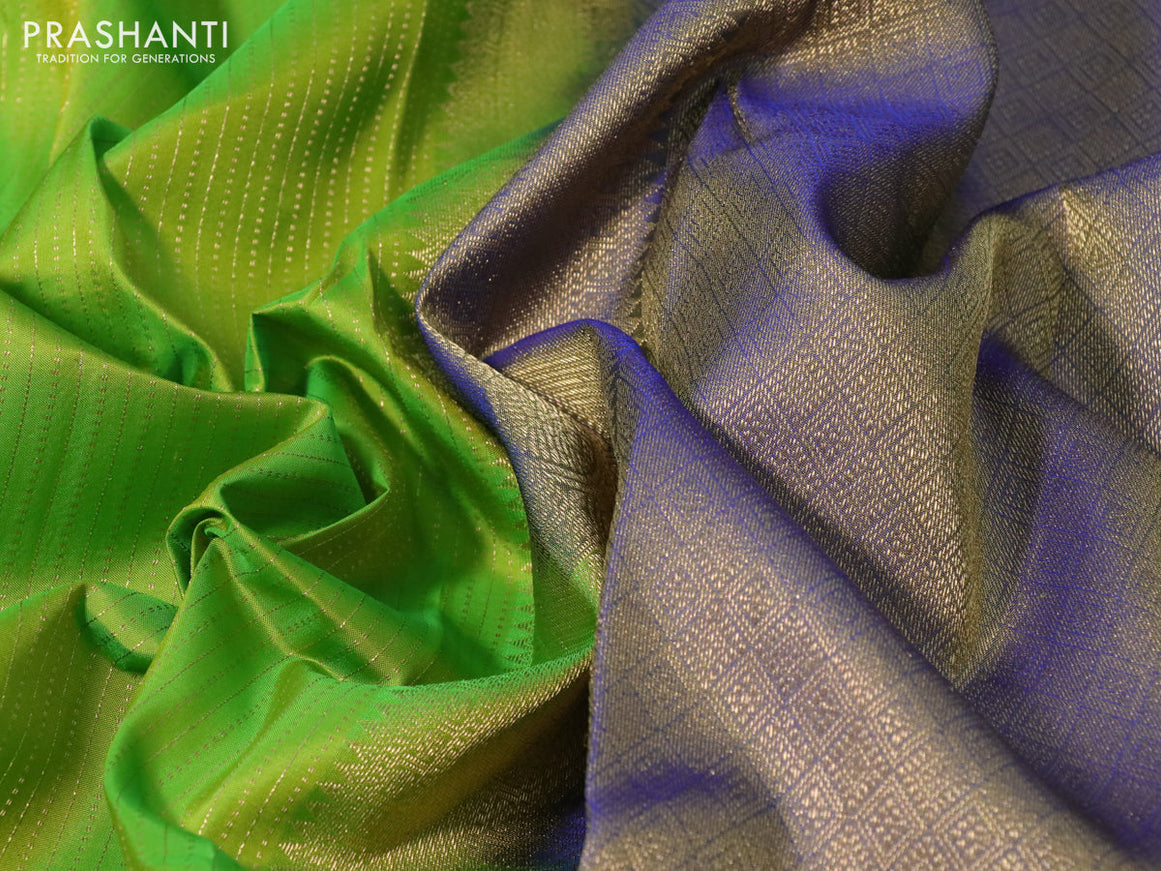 Pure kanchipuram silk saree light green and dual shade of blue with allover zari weaves and long rich zari woven border